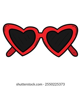 Hand drawn cartoon red heart sunglasses isolated on white background. Vector illustration.