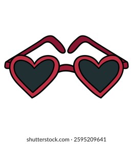 Hand drawn cartoon red heart shaped sunglasses isolated on white background. Vector illustration.