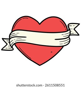 Hand drawn cartoon red heart with ribbon banner isolated on white background. Vector illustration.