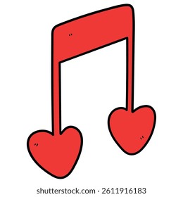 Hand drawn cartoon red heart musical note isolated on white background. Vector illustration.