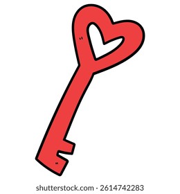 Hand drawn cartoon red heart shaped key isolated on white background. Vector illustration.