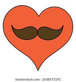 Hand drawn cartoon red heart with brown mustache isolated on white background. Vector illustration.