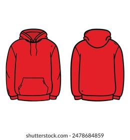 Handgezeichneter Cartoon roter Kapuzenpullover isoliert auf weißem Hintergrund. Vorder- und Rückansicht. Vektorillustration.