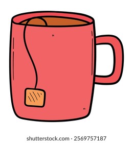 Hand drawn cartoon red mug with tea bag isolated on white background. Vector illustration.