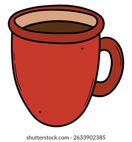 Hand drawn cartoon red mug of coffee or tea isolated on white background. Vector illustration.