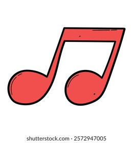 Hand drawn cartoon red musical note symbol isolated on white background. Vector illustration.