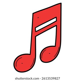 Hand drawn cartoon red musical note isolated on white background. Vector illustration.