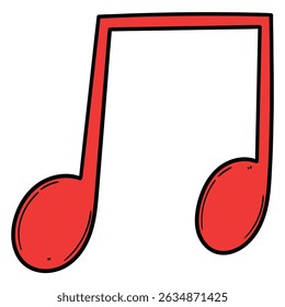 Hand drawn cartoon red musical note isolated on white background. Vector illustration.