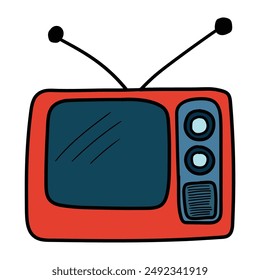 Hand drawn cartoon red old TV isolated on white background. Vector illustration.