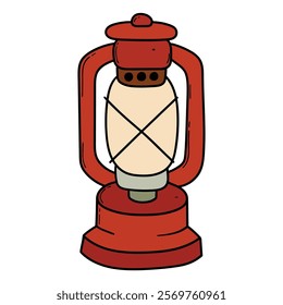 Hand drawn cartoon red old kerosene lamp isolated on white background. Vector illustration.