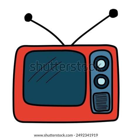 Hand drawn cartoon red old TV isolated on white background. Vector illustration.