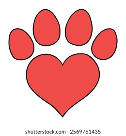 Hand drawn cartoon red paw print heart shape isolated on white background. Vector illustration.