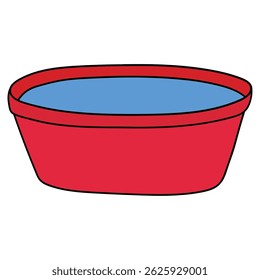 Bacia de plástico vermelho desenhada à mão com água isolada sobre fundo branco. Ilustração vetorial.