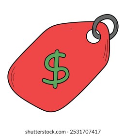 Hand drawn cartoon red price tag isolated on white background. Vector illustration.