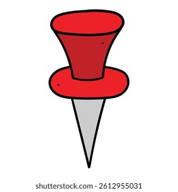 Hand drawn cartoon red push pin isolated on white background. Vector illustration.