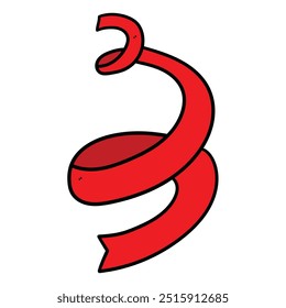 Hand drawn cartoon red ribbon isolated on a white background. Concept gift, celebration, decoration. Vector illustration.