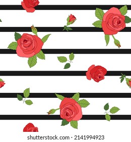 Hand drawn cartoon red rose with green leaves and black stripes seamless pattern isolated on white background. Vector illustration for textile, fabric, dress print, invitation and more.