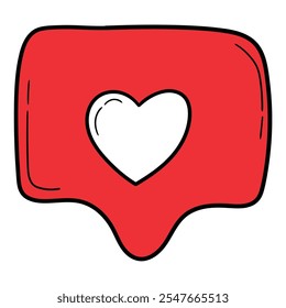 Bolha de fala vermelha desenhada à mão com coração branco isolado no fundo branco. Ilustração vetorial.