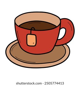 Hand drawn cartoon red tea cup on saucer isolated on white background. Vector illustration.