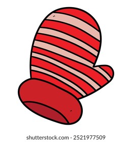 Hand drawn cartoon red warm striped mitten isolated on white background. Vector illustration.