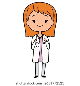 Médica mulher ruiva desenhada à mão com uniforme com estetoscópio isolado no fundo branco. Saúde e medicina. Ilustração vetorial.