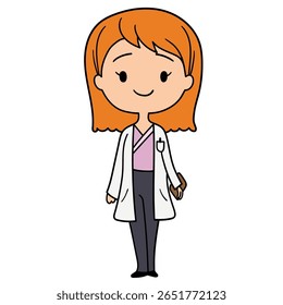 Médica mulher ruiva desenhada à mão com uniforme com prancheta isolada no fundo branco. Saúde e medicina. Ilustração vetorial.
