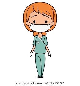 Mão desenhada redhead redhead médico em máscara médica isolado no fundo branco. Saúde e medicina. Ilustração vetorial.