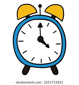 Dibujado a mano de dibujos animados retro reloj de alarma azul aislado sobre fondo blanco. Ilustración vectorial.