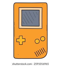 Hand drawn cartoon retro orange video game console isolated on white background. Vector illustration.