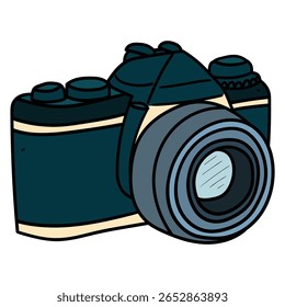 Câmera retrô desenhada à mão com foto isolada sobre fundo branco. Ilustração vetorial.