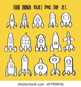 Hand drawn cartoon retro rocket space ship collection set.
