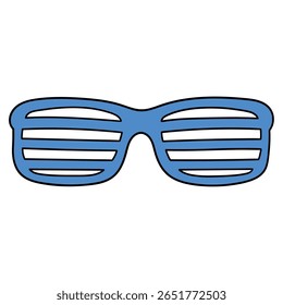 Hand drawn cartoon retro striped blue sunglasses isolated on white background. Vector illustration.
