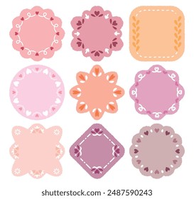Hand drawn cartoon retro style chat box set. Doodle crayon drawing speech bubble sticker. Cute comics lace dialog quote frame for text. Heart flower shape  decorated speak blank for invitation. Girl
