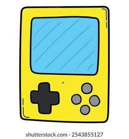 Desenhado à mão desenho animado retro amarelo portátil jogo console isolado no fundo branco. Ilustração vetorial.