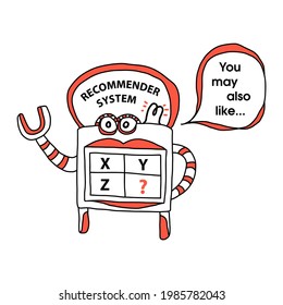 A Hand Drawn Cartoon Of A Robotic Recommender System. The Recommender System Provides Smart Recommendations To The End User. The System Can Suggest Options Similar To The User’s Preference.