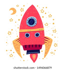 Hand drawn cartoon rocket. Childish doodle space icon with moon and stars