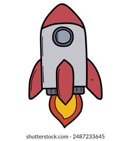 Hand drawn cartoon rocket isolated on white background. Vector illustration.