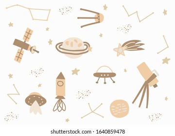 Hand drawn cartoon rocket, planets, comet, stars, ufo. Space exploration, space trip. Childish, Scandinavian style background. Vector Illustration for textile, fabric, wallpaper, web design