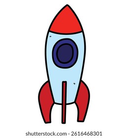 Hand drawn cartoon rocket ship isolated on white background. Vector illustration.