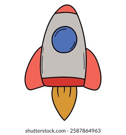Hand drawn cartoon rocket spaceship isolated on white background. Vector illustration.