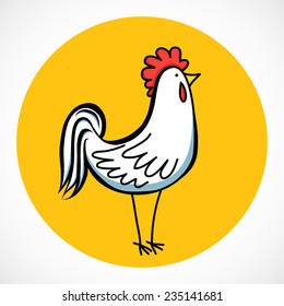 Hand drawn cartoon rooster isolated on bright yellow circle.