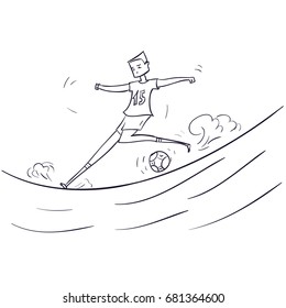 Hand Drawn Cartoon Running Soccer Player with Ball. Vector Illustration