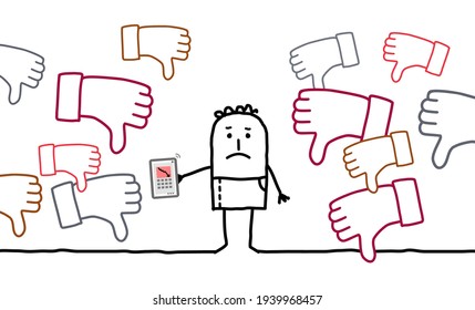 Hand drawn Cartoon Sad Boy with many Unlike-signs on his Social Media