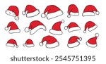 Hand drawn cartoon Santa Claus hat isolated clipart set. Doodle Christmas, New Year Santa Claus hats white and red concept. Vector illustration