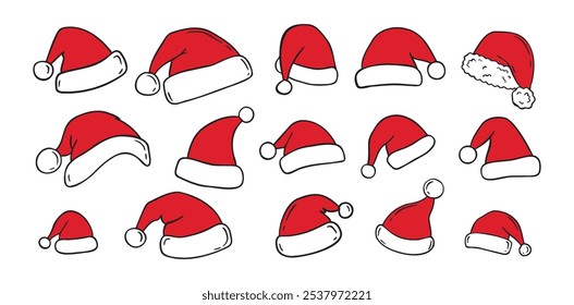 Hand drawn cartoon Santa Claus hat isolated clipart set. Doodle Christmas, New Year Santa Claus hats white and red concept. Vector illustration