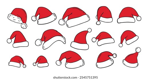 Desenhado à mão desenho desenho desenho desenho de Santa Claus chapéu conjunto clipart isolado. Doodle Natal, Ano Novo Papai Noel chapeia conceito branco e vermelho. Ilustração vetorial