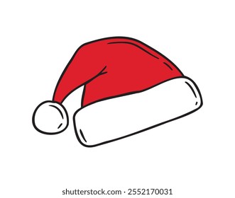 Hand drawn cartoon Santa Claus hat isolated clipart. Doodle Christmas, New Year Santa Claus hats white and red concept. Vector illustration