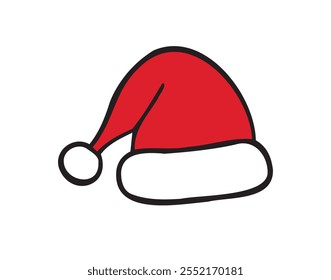 Hand drawn cartoon Santa Claus hat isolated clipart. Doodle Christmas, New Year Santa Claus hats white and red concept. Vector illustration