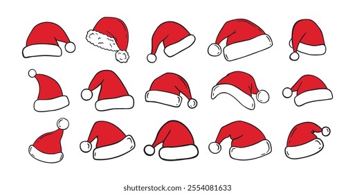 Hand drawn cartoon Santa Claus hat isolated clipart set. Doodle Christmas, New Year Santa Claus hats white and red concept. Vector illustration