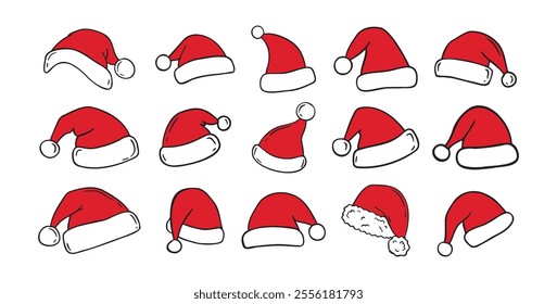 Hand drawn cartoon Santa Claus hat isolated clipart set. Doodle Christmas, New Year Santa Claus hats white and red concept. Vector illustration